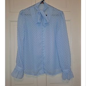 Blue long sleeve button up blouse sheer size medium bow Swiss dot top